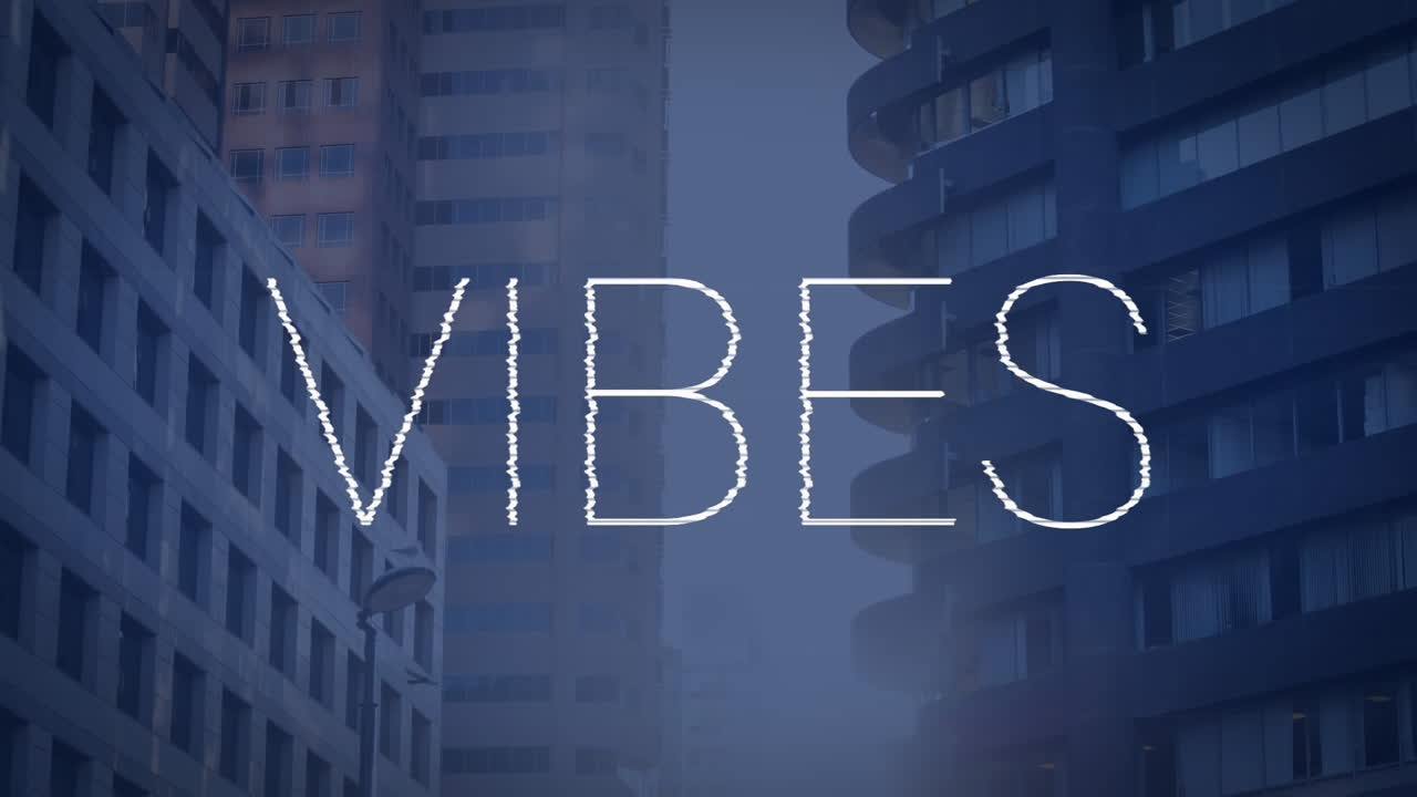 animación de vibraciones texto en blanco sobre edificios de la ciudad moderna