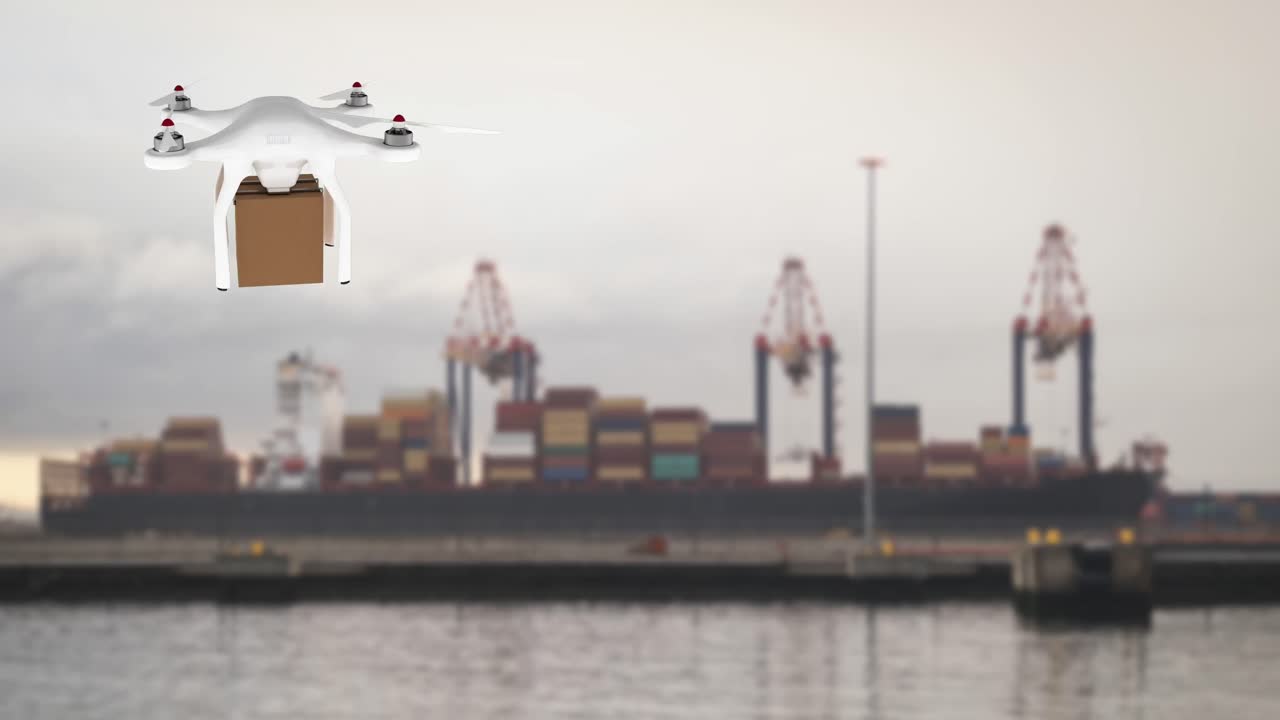 drone llevando una caja en un puerto