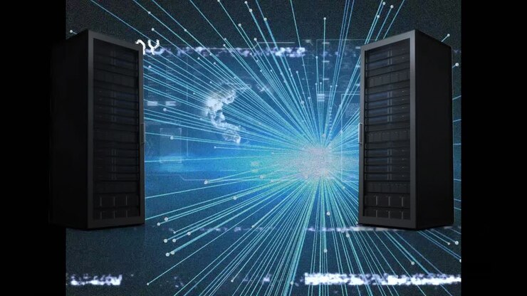 Animation of playback interface with interference over servers, globe and blue laser beams