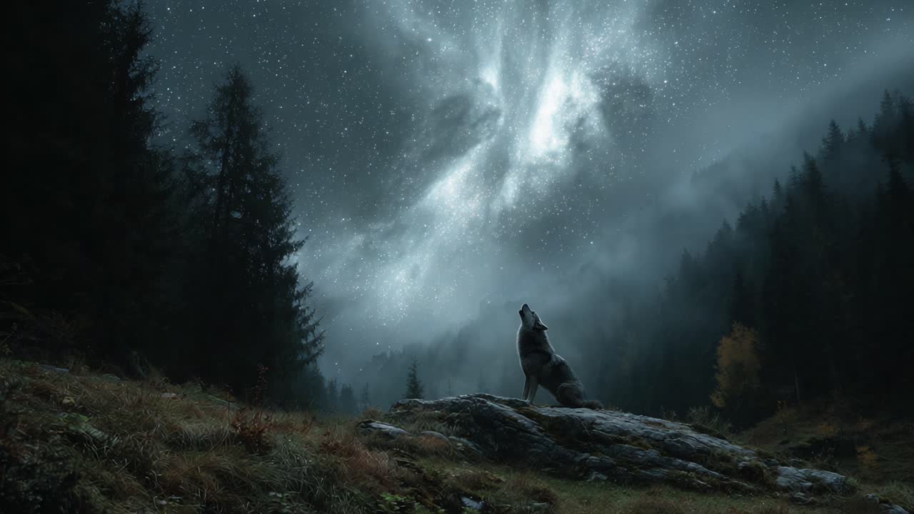 A lone wolf howling at a starry sky amid mountains and trees, capturing the beauty of nature and the cosmos in a serene and mystical landscape