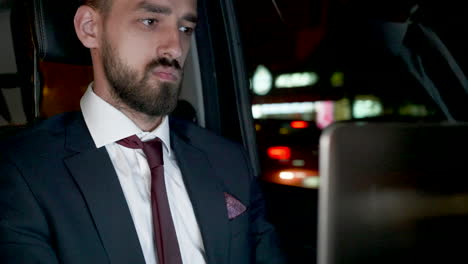 successful bearded businessman working on laptop from the back sea of his limousine