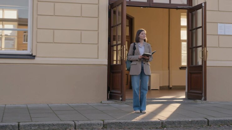 Mulher entrando pela porta após a abertura, segurando um caderno, vestindo blazer, com bolsa, escaneando, espaço para texto.