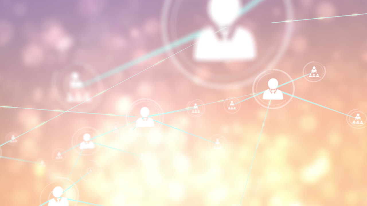 보라색 그라디언트 배경에 프로필 아이콘과 빛의 점 네트워크의 애니메이션