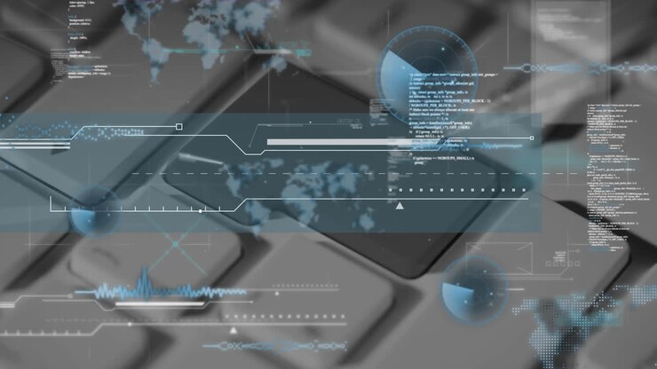 Animation of data processing with world map over computer keyboard on grey background