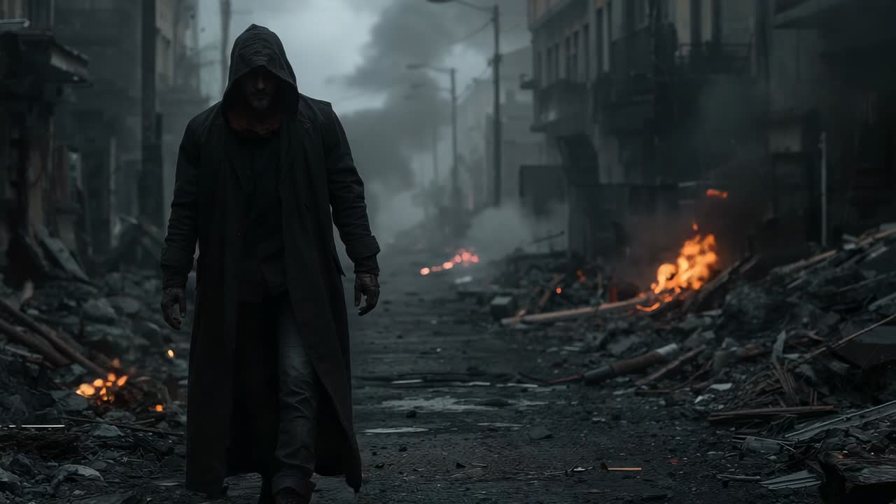 Stepping through smoke hooded figure walking devastated street, with smoldering rubble and fires