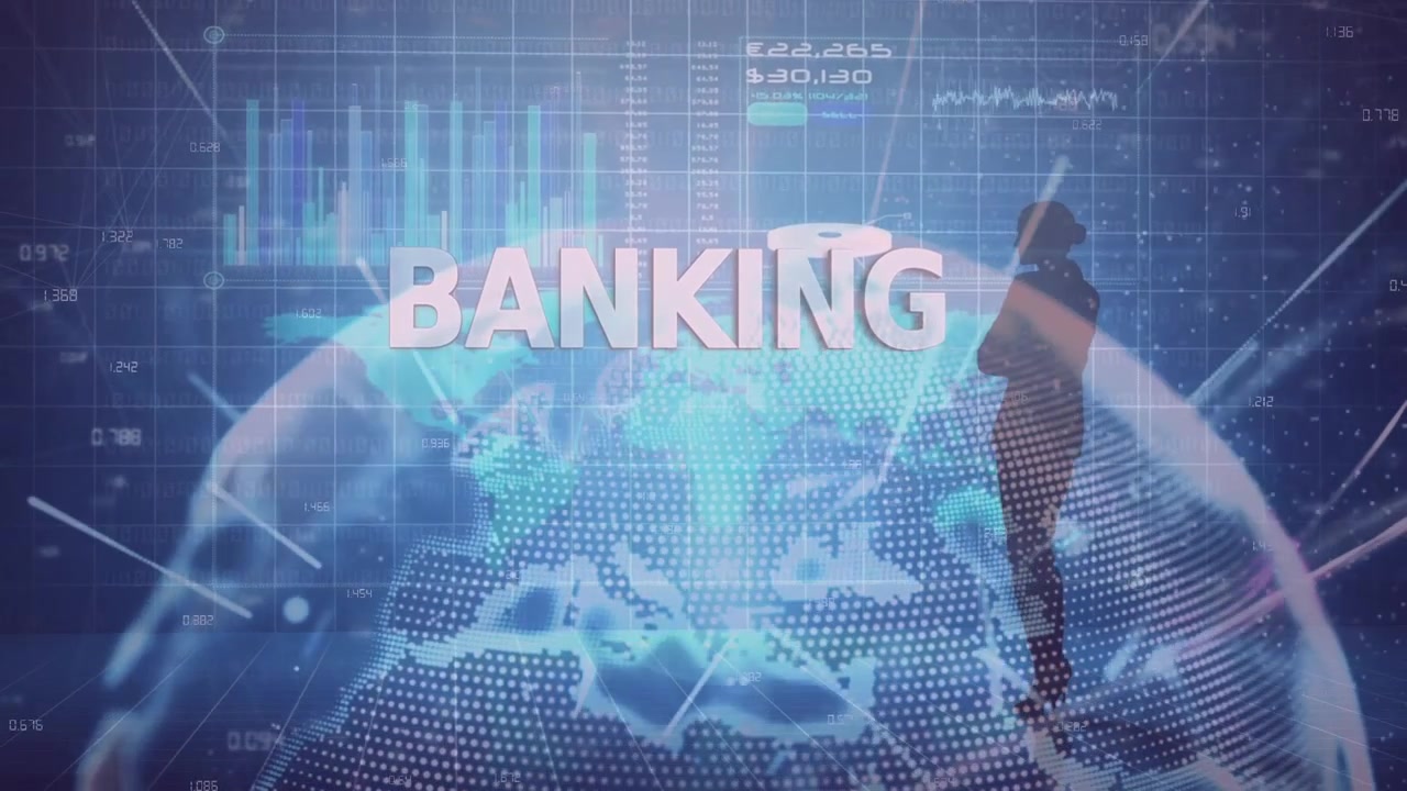 Animation of banking, globe, graphs and data on navy background