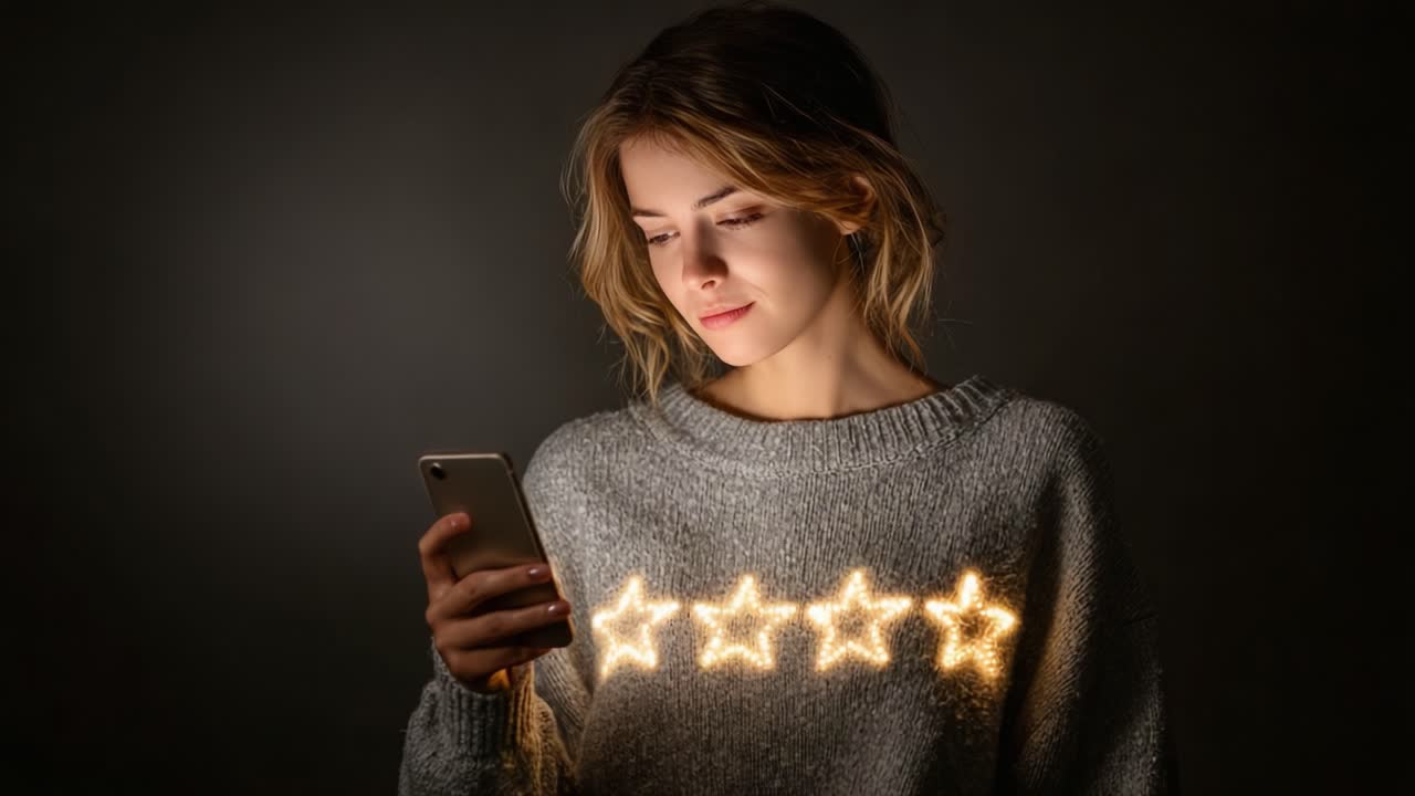 A Young Woman Engaged with Her Smartphone, Radiating Five Star Ratings, in a Softly Lit Environment That Evokes Positive Emotions and Delightful Experiences
