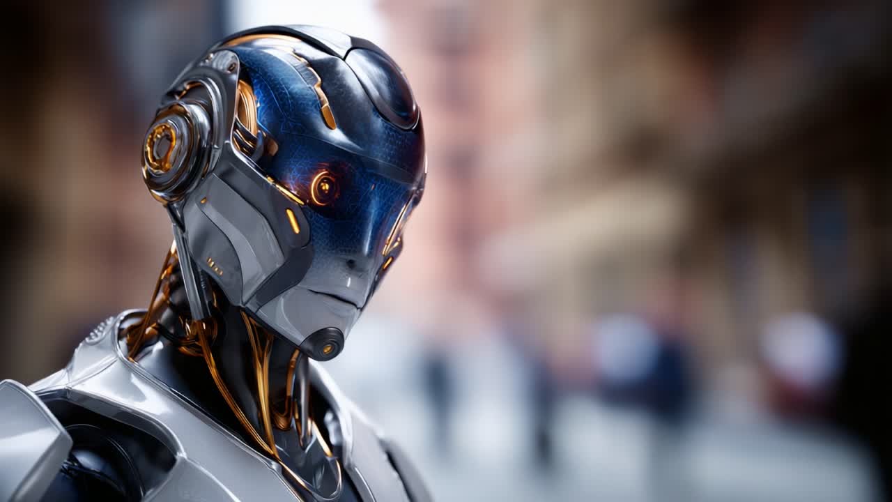 Un ritratto futuristico di un robot che cattura l'essenza della tecnologia e del design avanzati in uno sfondo urbano sfocato, evidenziando l'interazione uomo-robot