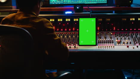 técnico de audio afroamericano mezclando y editando pistas con pantalla verde