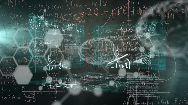 Animazione di equazioni matematiche su cervello digitale ed elaborazione dati su sfondo nero