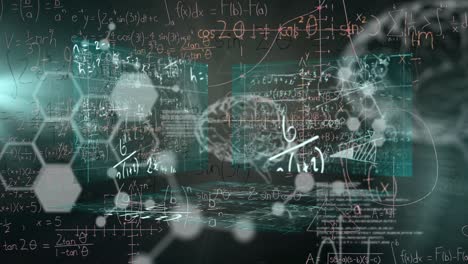 animation of mathematical equations over digital brain and data processing on black background