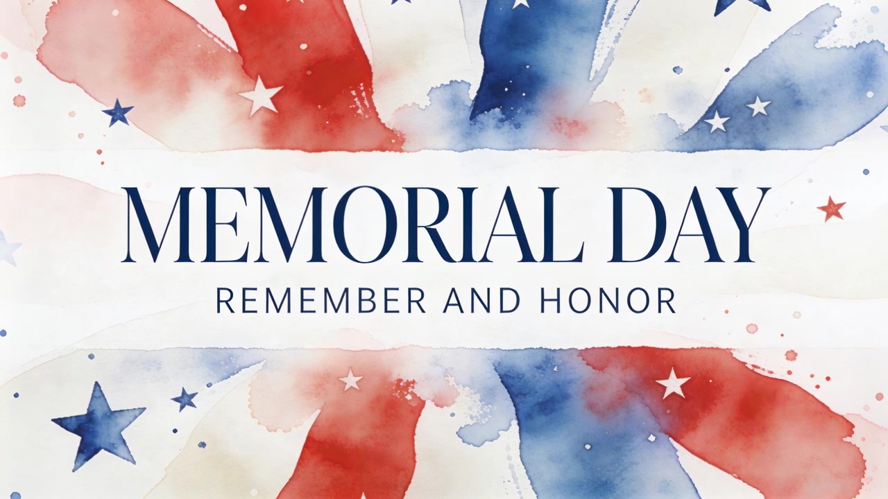 Sequenza iniziale che mostra pennellate patriottiche, stelle che si spostano al centro con la scritta "MEMORIAL DAY, RICORDA E ONORA".