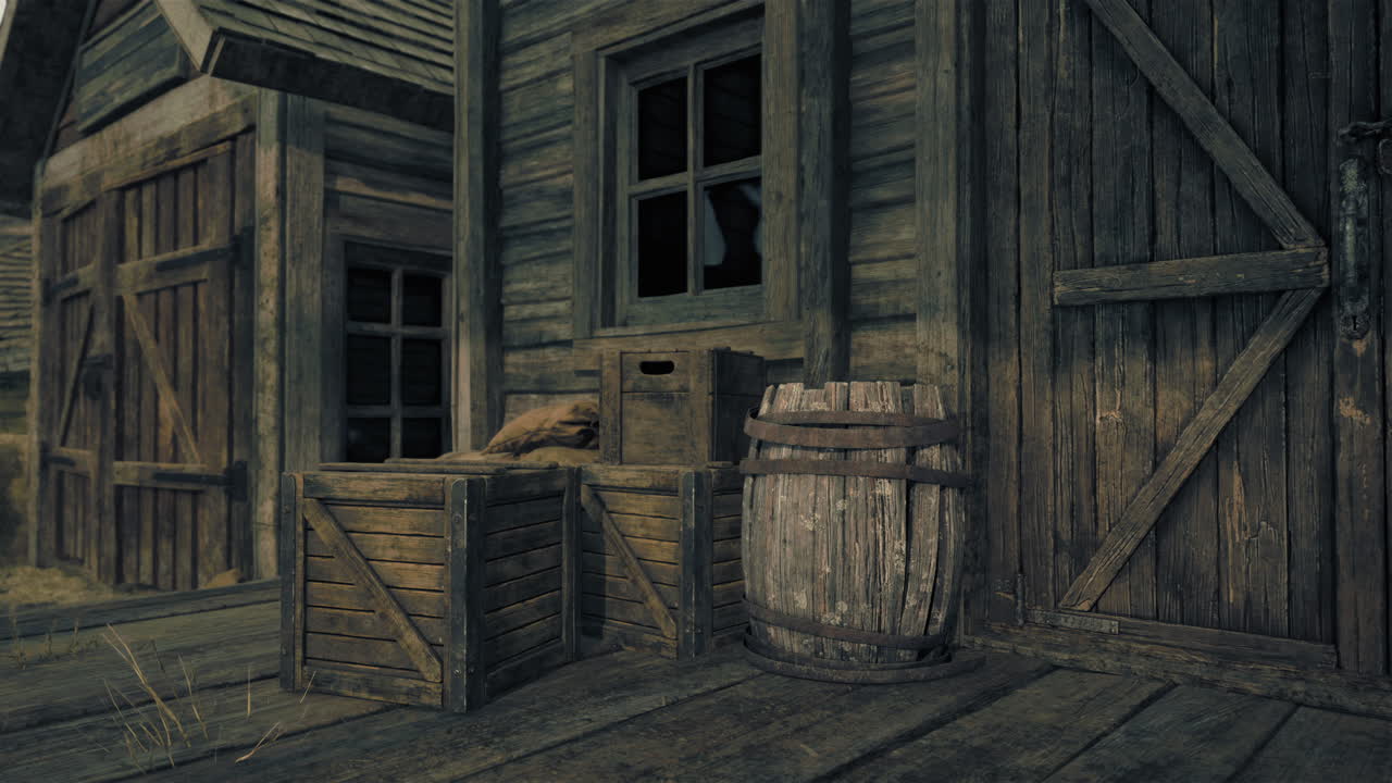 문과 배럴 을 가진 나무 건물