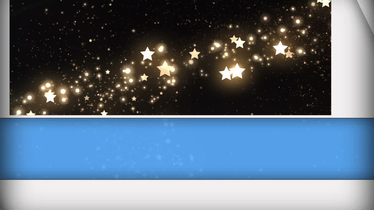 파란색과  ⁇ 색 패널의 애니메이션은 검은색 배경에 반 ⁇ 이는 트레일과 함께  ⁇ 는 별을 열고 있습니다.