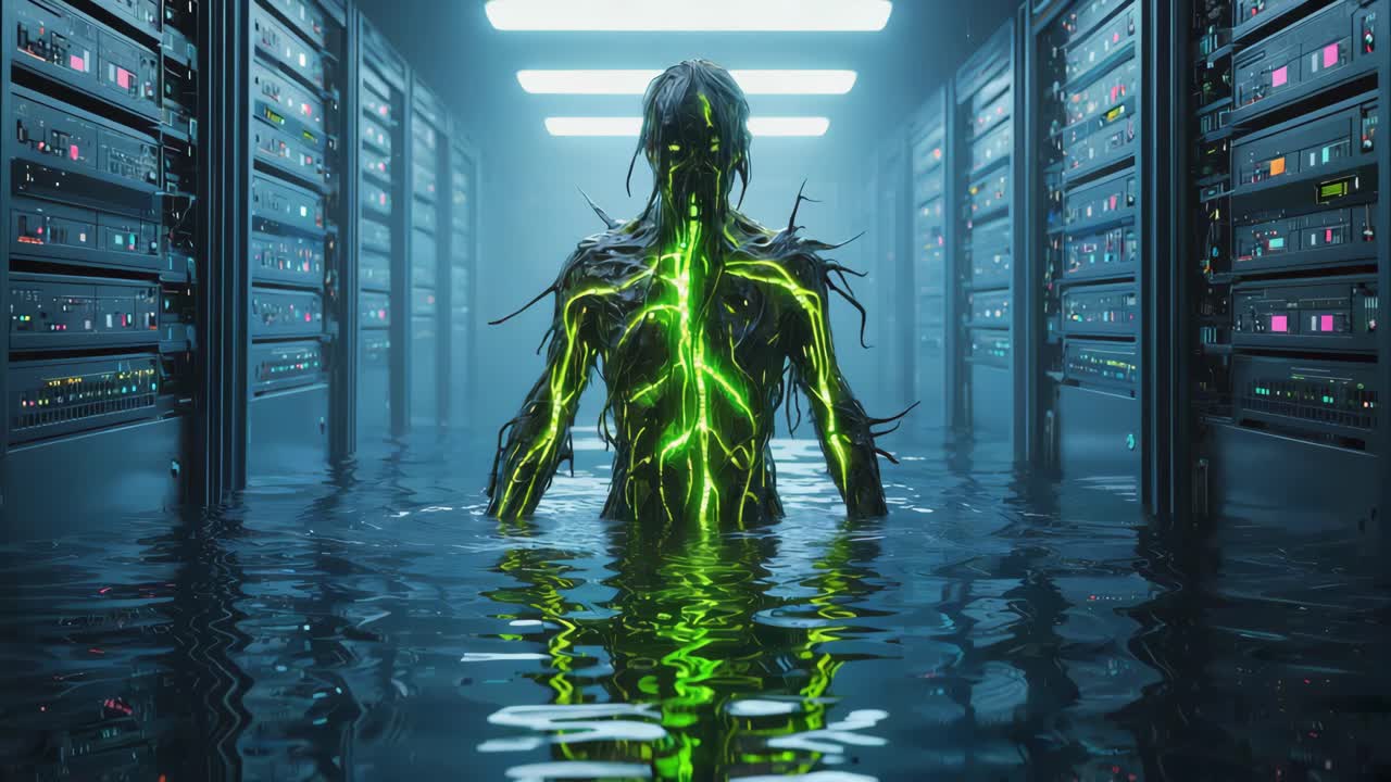 Flooded Data Center with Glowing Digital Entity