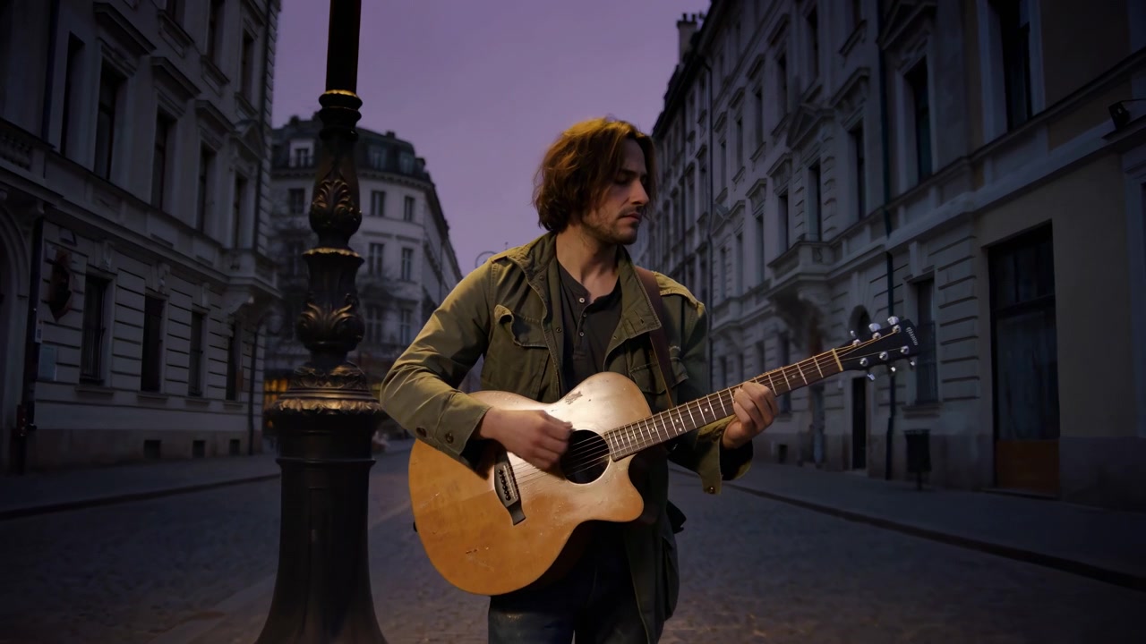 Gitar çalan kişi boş bir kaldırımda ilerlerken kamera yaklaşır; enstrümanı, koyu bina cephelerini, sıcak ışıkları ve geniş şehir manzarasından daha yakın bir kompozisyona değişen perspektifi gösteriyor.