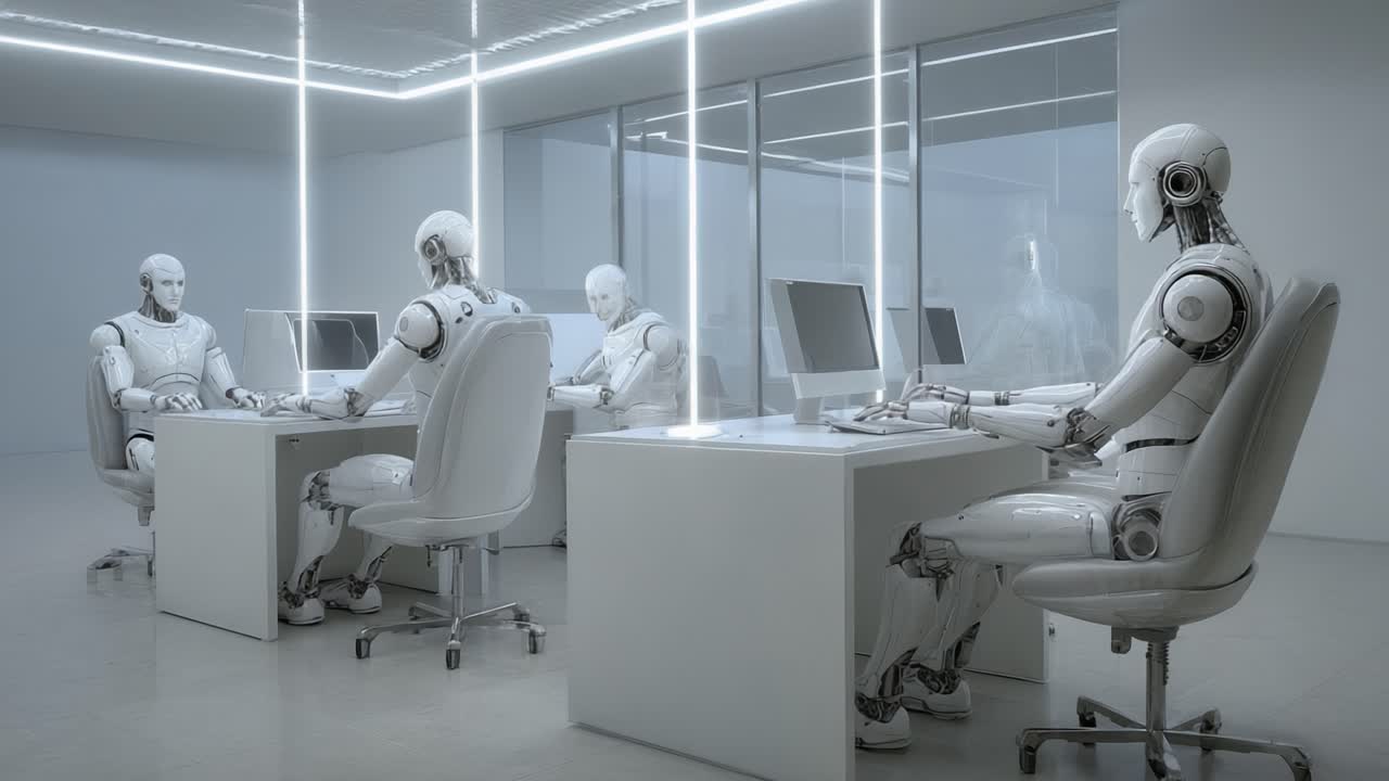 Futuristic Workspace with Robotic Colleagues Engaged in Collaborative Digital Activities, Showcasing a High-Tech Office Environment