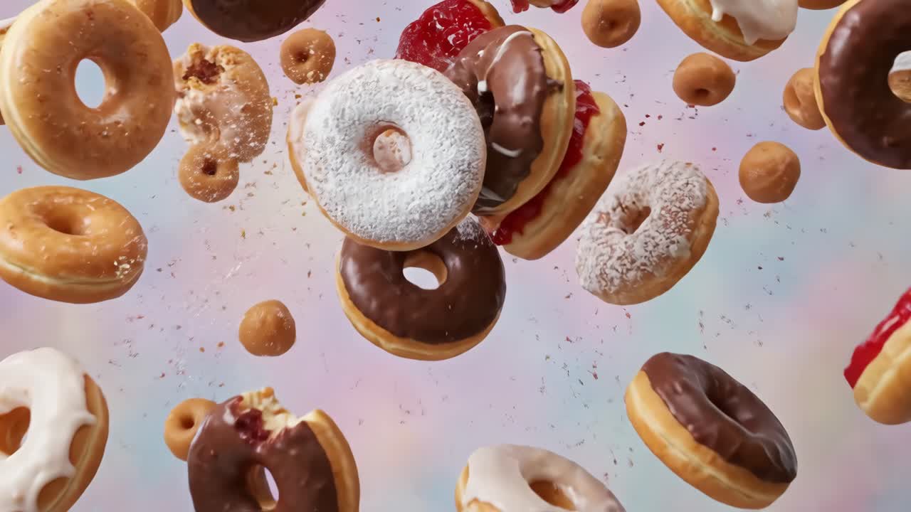 Ciambelle deliziose che esplodono e schizzano al rallentatore