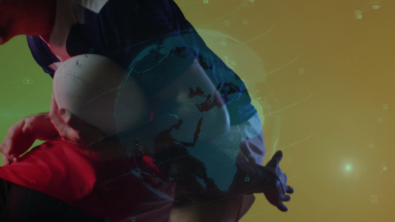 Animation of dancer with digital globe and data overlay on yellow background