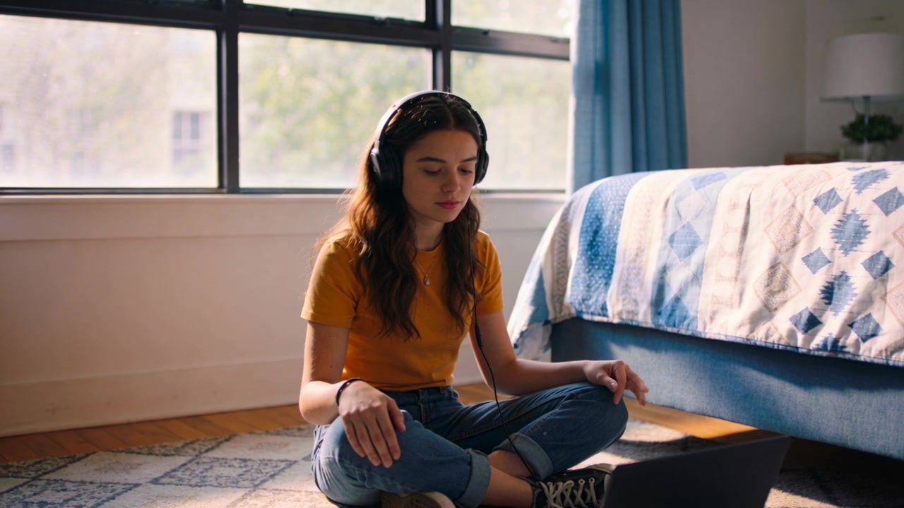 Tonårsflicka lyssnar på musik, lutar sig mot laptopen i sovrummet, iklädd senapsgul t-shirt och hörlurar.