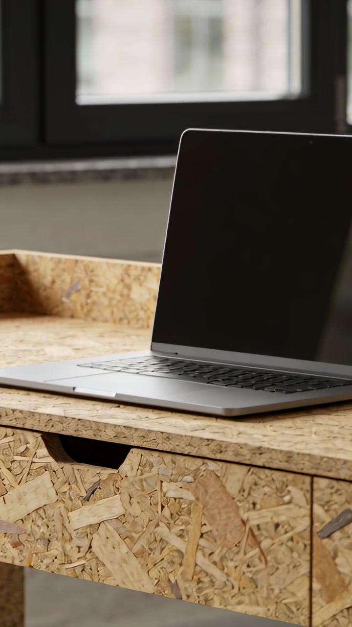 Vertical video: Camera panning right, revealing silver laptop keyboard and ports on OSB tech setup