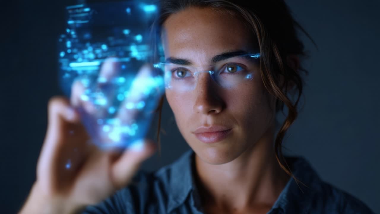 A woman interacts with a high-tech holographic interface, revealing a futuristic digital world through her innovative glasses and gestures in a darkened environment