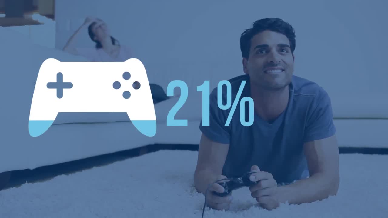 Man playing computer game with game controller shape in the foreground