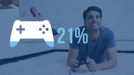 hombre jugando un juego de computadora con la forma del controlador de juego en primer plano