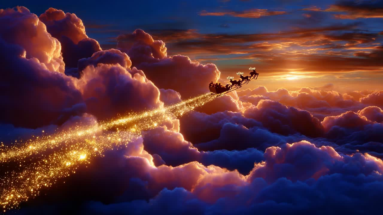 A magical journey unfolds in the sky as a whimsical sleigh glides through vibrant clouds at sunset, leaving a mesmerizing trail of shimmering sparkles, embodying the essence of wonder and adventure
