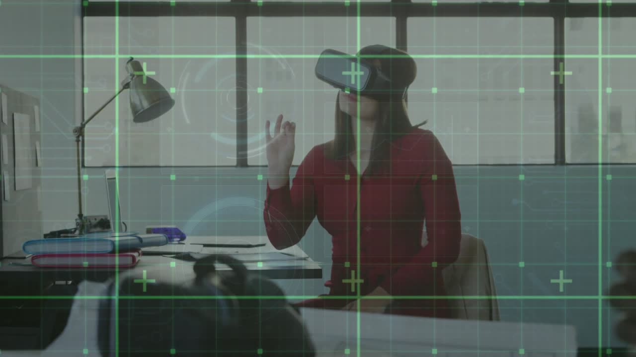 Technology professional initiating AR demo by lifting hand, navigating green grid environment