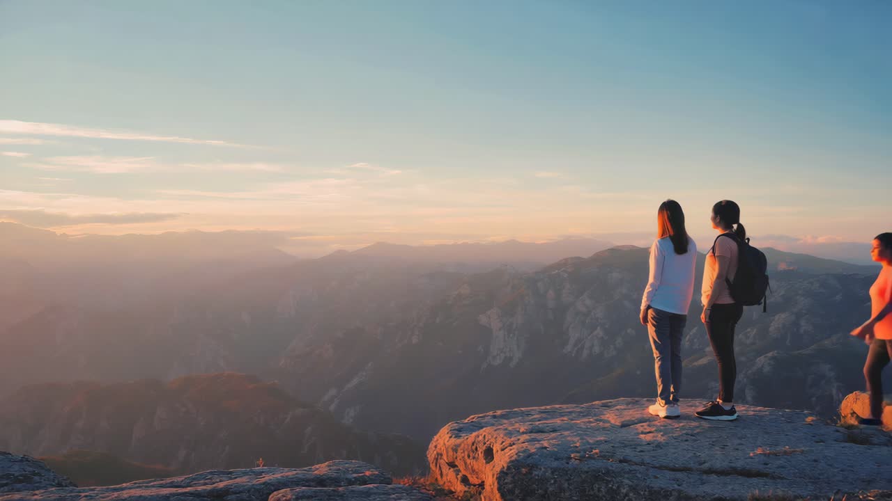 Women enjoying mountain scenery at sunrise