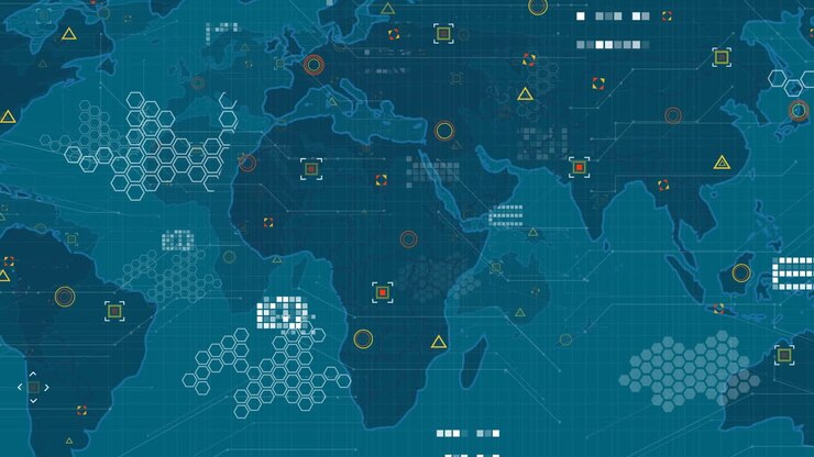 Animation of network of connections over world map on blue background