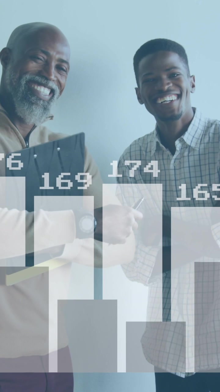 Animation of data processing over african american business people in office