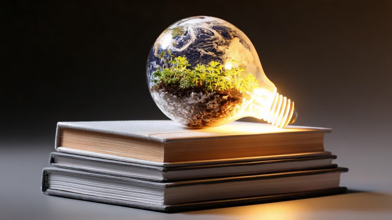 A Unique Environmental Concept Represented by a Light Bulb with Earth and Greenery, Symbolizing Sustainability, Knowledge, and the Integration of Nature and Innovation