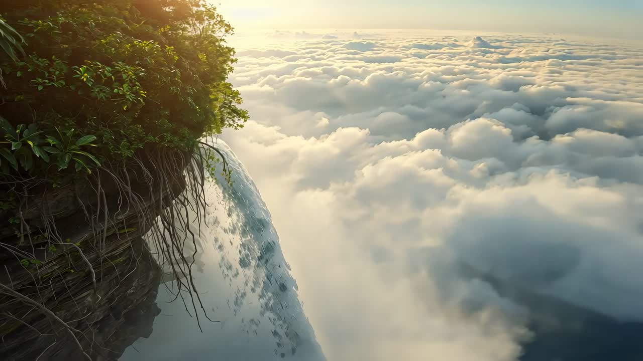 Tilting drone showing cliff with roots as waterfall dropping into cloudbank at sunrise, copy space