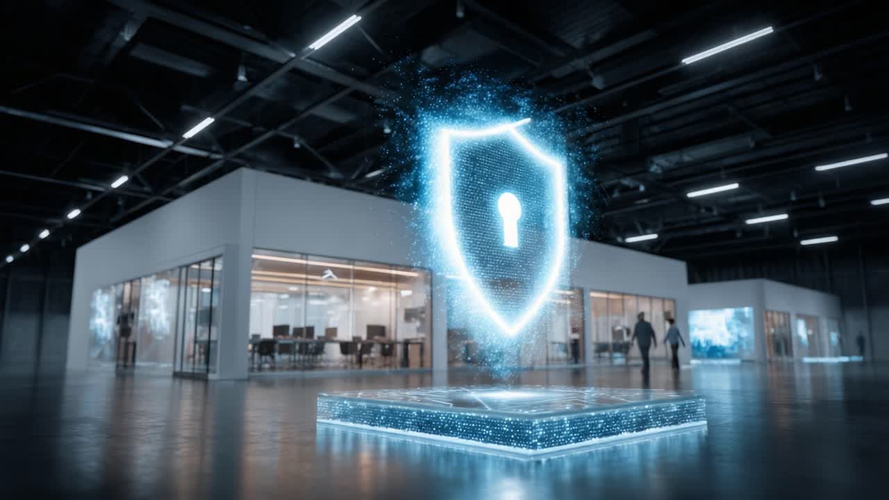 A futuristic digital security display in a modern office environment showcases a glowing shield with a keyhole, symbolizing protection and cybersecurity innovations