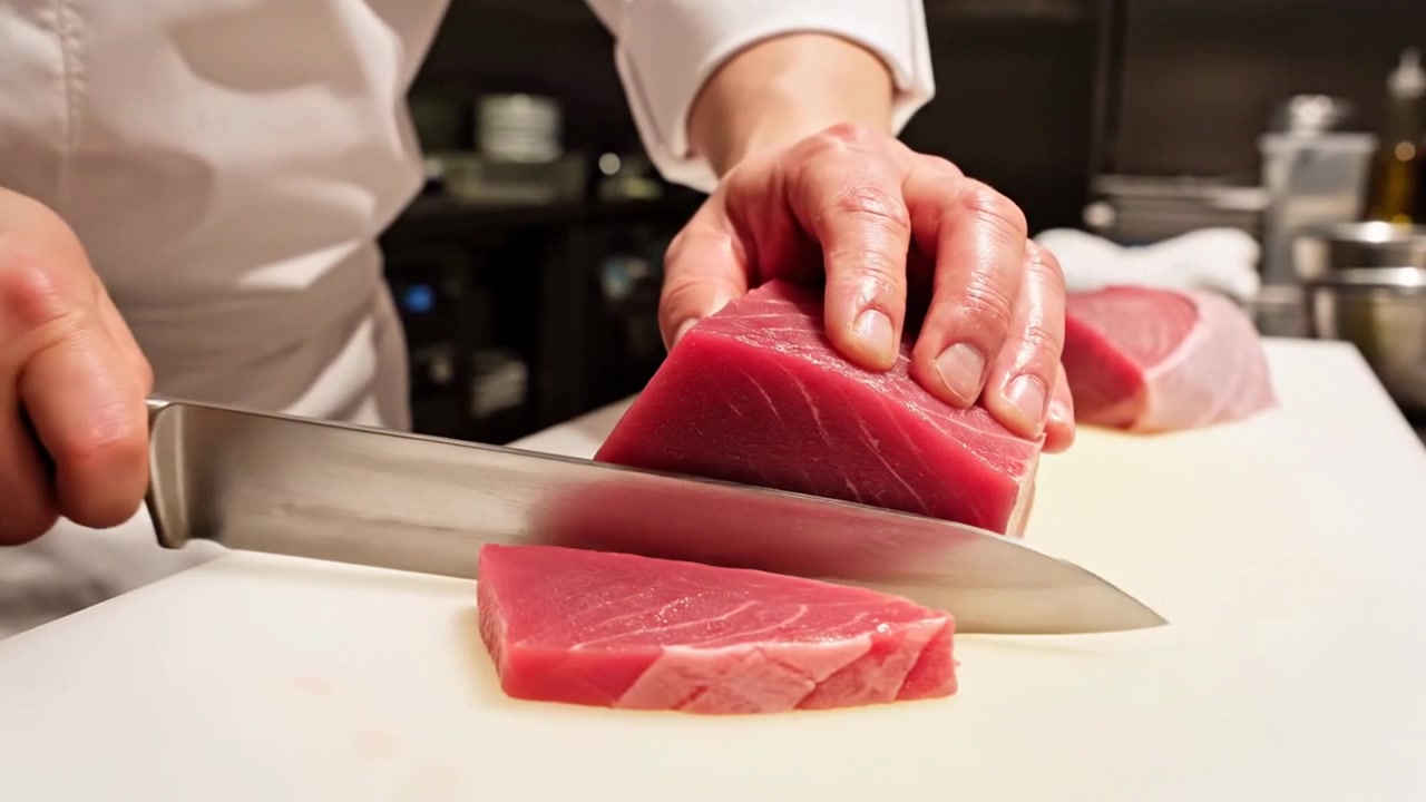 Szef kuchni krojący świeżego tuńczyka do przygotowania sushi.
