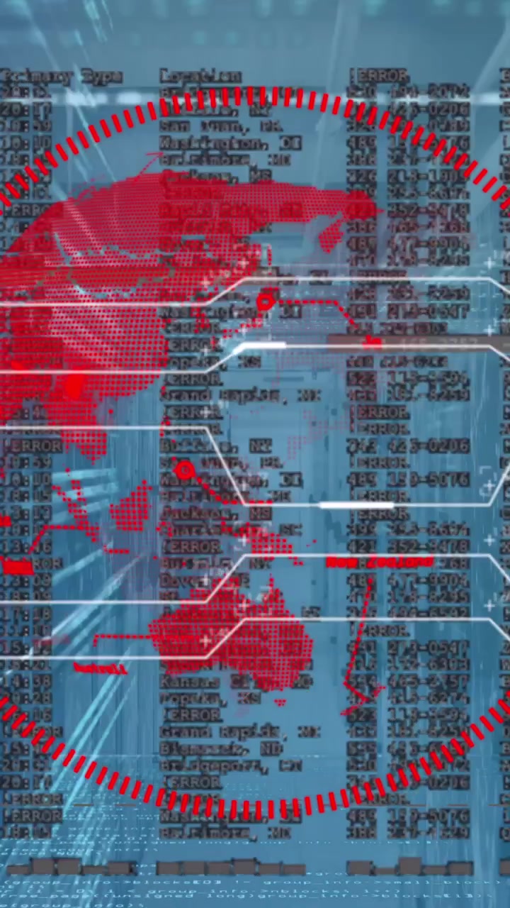 Animation of globe, numbers and data processing over computer servers