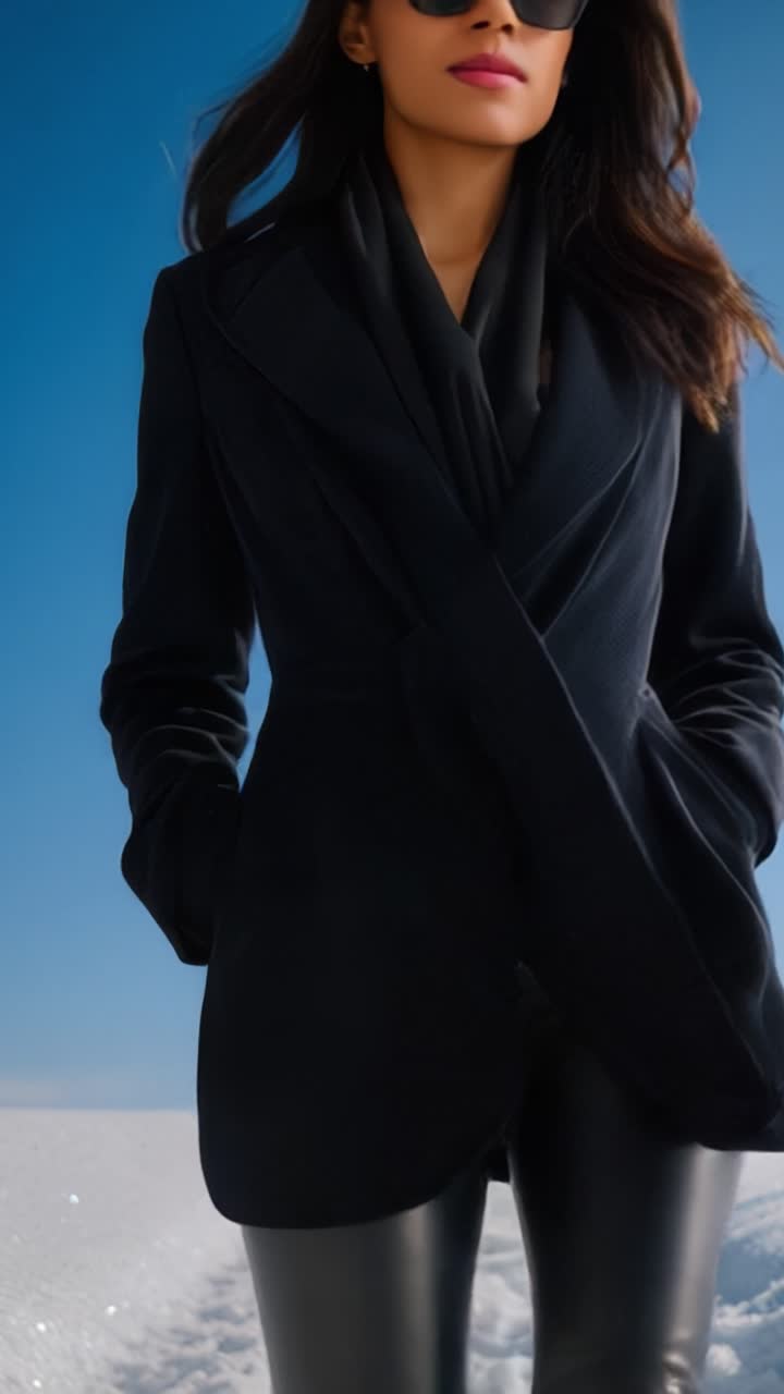 Una donna composta cammina con sicurezza attraverso un paesaggio innevato, emanando un'eleganza chic nel suo elegante cappotto nero e occhiali da sole contro un cielo azzurro brillante.