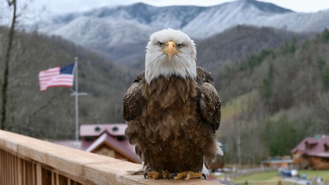 Majestueux pygargue à tête blanche perché sur une balustrade en bois, avec des montagnes enneigées et le drapeau américain en arrière-plan, capturant l'essence de la faune et de la nature américaines.