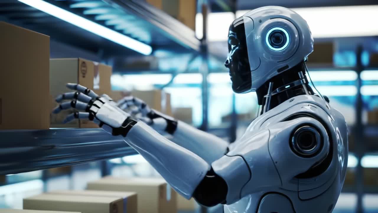 Futuristic Robot Engaged in Organizing and Handling Packages in a High-Tech Storage Environment, Showcasing Advanced Artificial Intelligence Capabilities and Precision