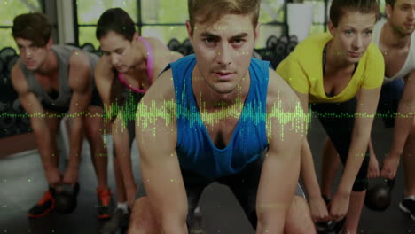 Fitness group performing bent-over kettlebell lifts in gym with animated rep and weight graphs