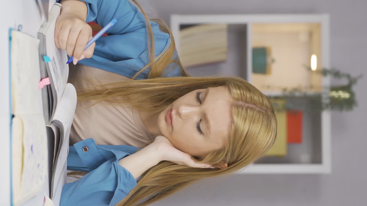 큰 소음으로 짜증나는 여성 학생의 수직 비디오.