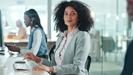 woman, face and headset at call center as