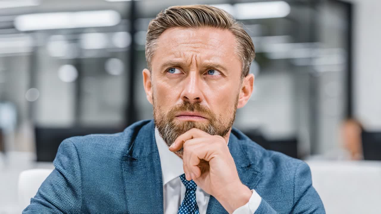 Thoughtful Professional in Modern Office Setting: An Introspective Moment Highlighting Contemplation and Decision-Making in a Corporate Environment