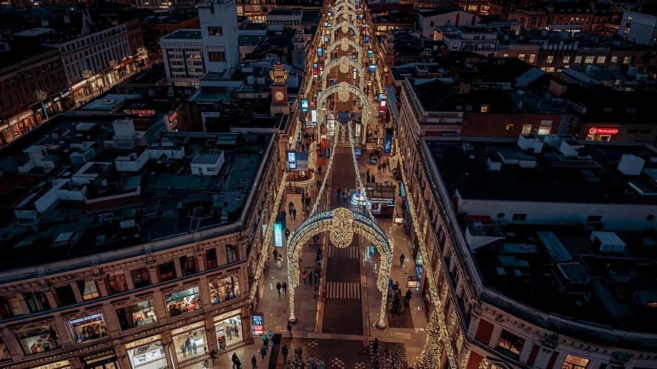 Drone in volo che si avvicina a una via commerciale di notte, mostrando archi illuminati e pedoni in cappotto.