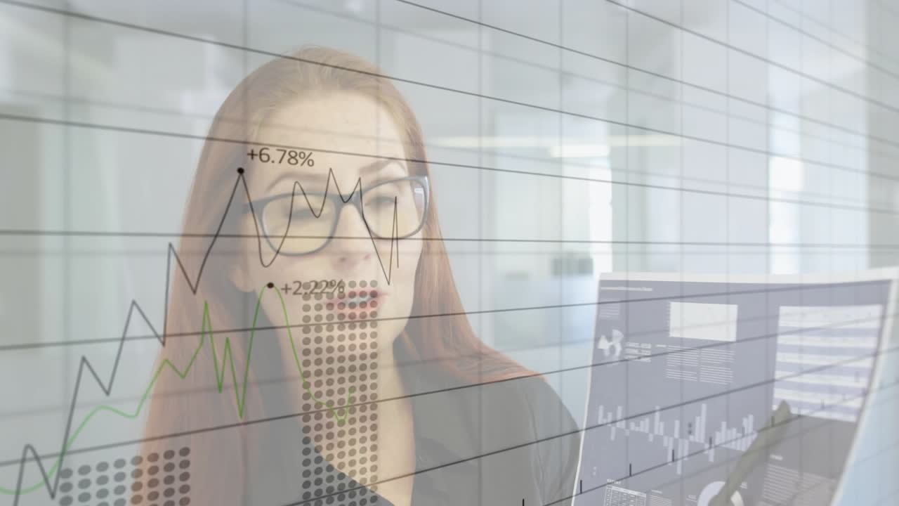 Businesswoman analyzing finance data in glass office, showing floating charts and laptop display