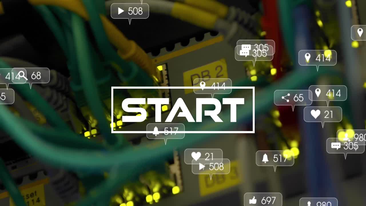 Animation of start text and growing numbers over computer server