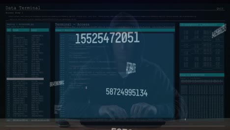múltiples números cambiantes sobre la pantalla con procesamiento de datos contra un hacker masculino que usa una computadora