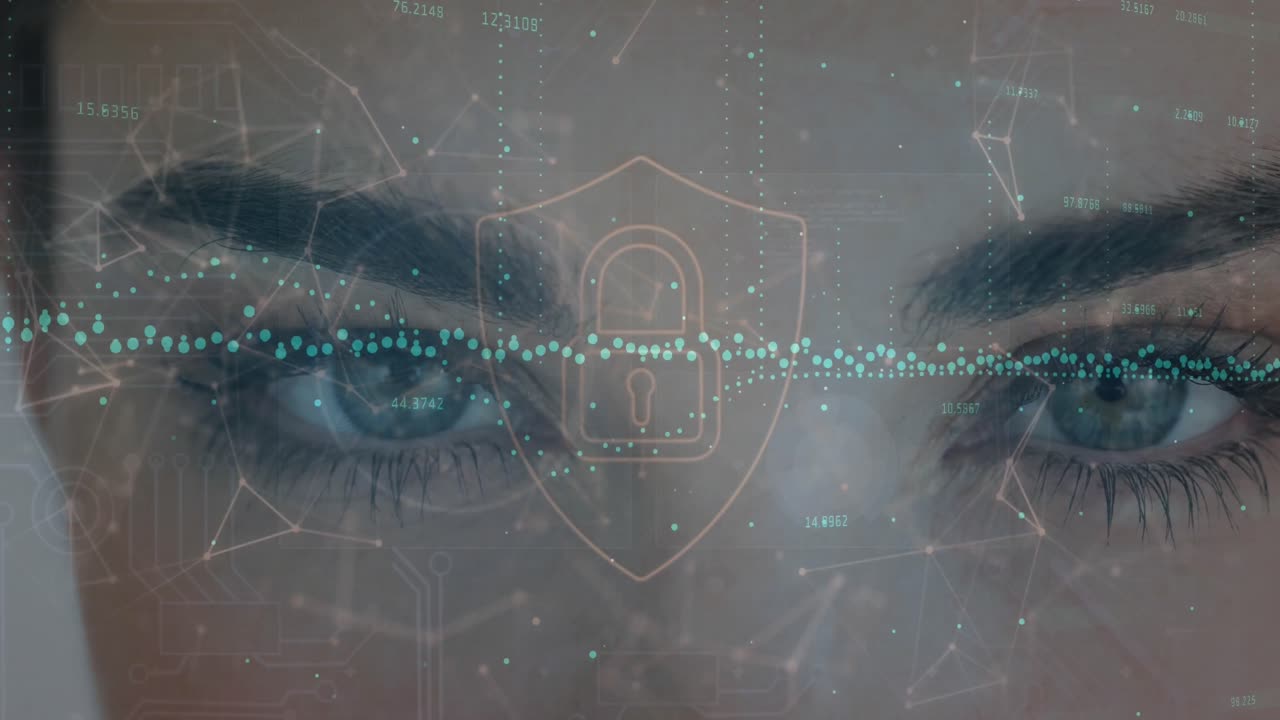 Animation of padlock and data processing over blue eye